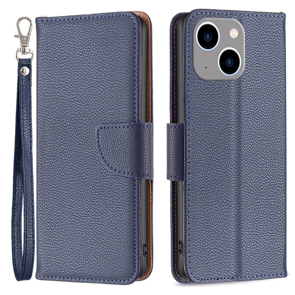 Uniqkart for iPhone 15 Plus Dustproof PU Leather Cell Phone Cover Wallet Litchi Texture Flip Stand Case with Strap - Dark Blue