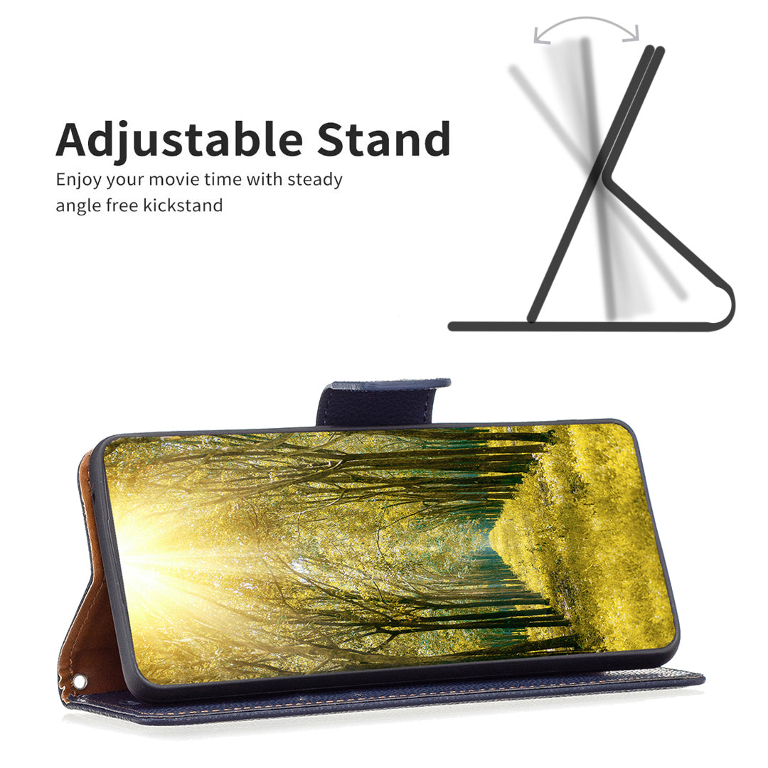 Uniqkart for iPhone 15 Plus Dustproof PU Leather Cell Phone Cover Wallet Litchi Texture Flip Stand Case with Strap - Dark Blue
