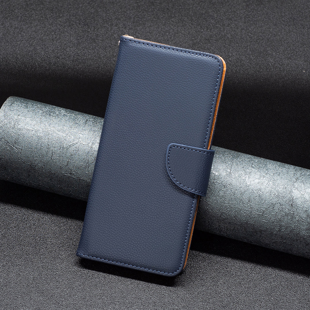 Uniqkart for iPhone 15 Plus Dustproof PU Leather Cell Phone Cover Wallet Litchi Texture Flip Stand Case with Strap - Dark Blue