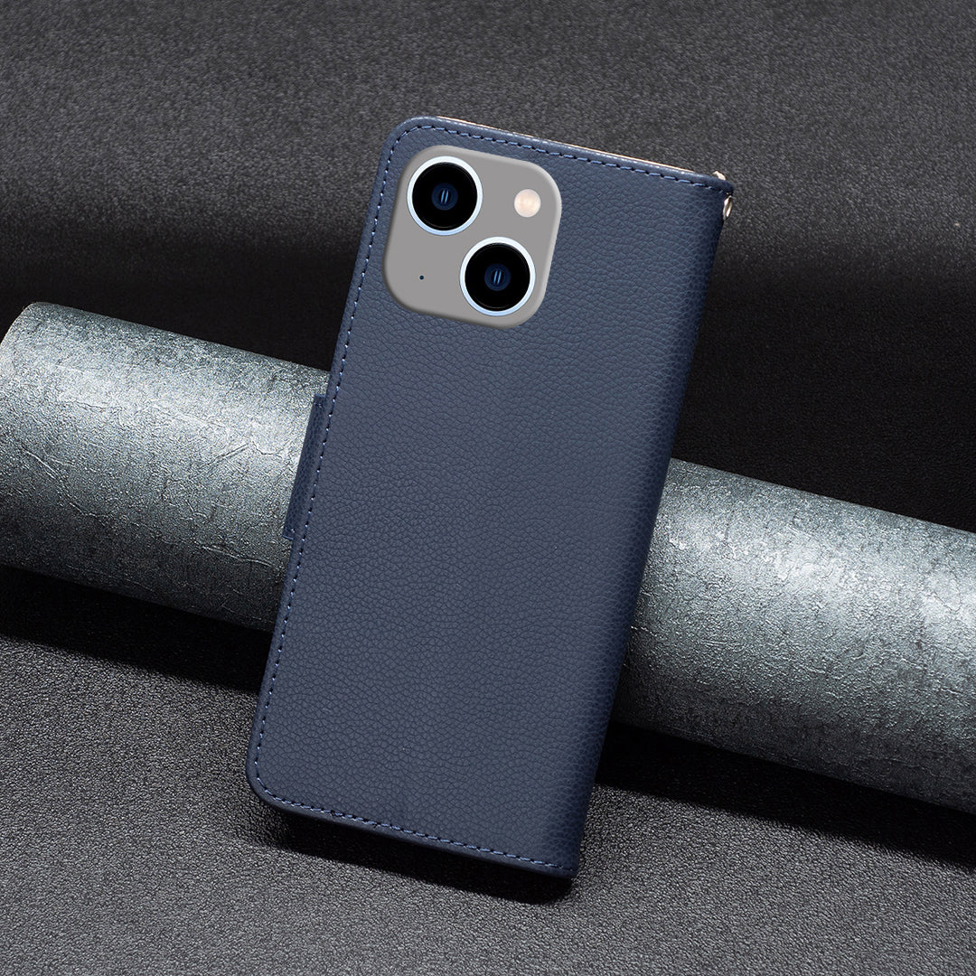 Uniqkart for iPhone 15 Plus Dustproof PU Leather Cell Phone Cover Wallet Litchi Texture Flip Stand Case with Strap - Dark Blue