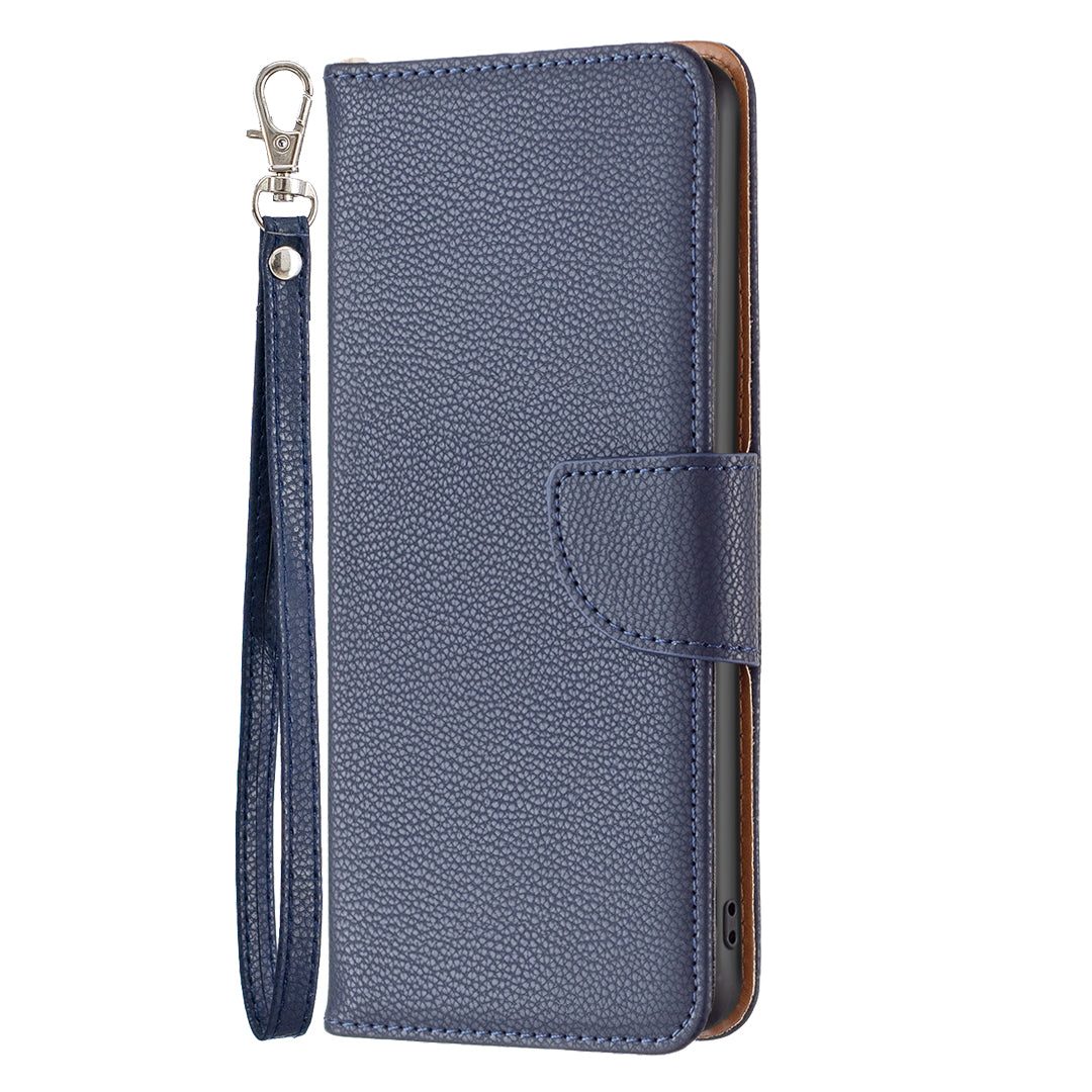 Uniqkart for iPhone 15 Plus Dustproof PU Leather Cell Phone Cover Wallet Litchi Texture Flip Stand Case with Strap - Dark Blue