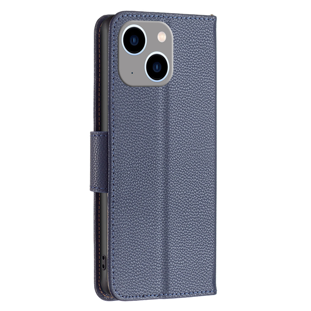 Uniqkart for iPhone 15 Plus Dustproof PU Leather Cell Phone Cover Wallet Litchi Texture Flip Stand Case with Strap - Dark Blue