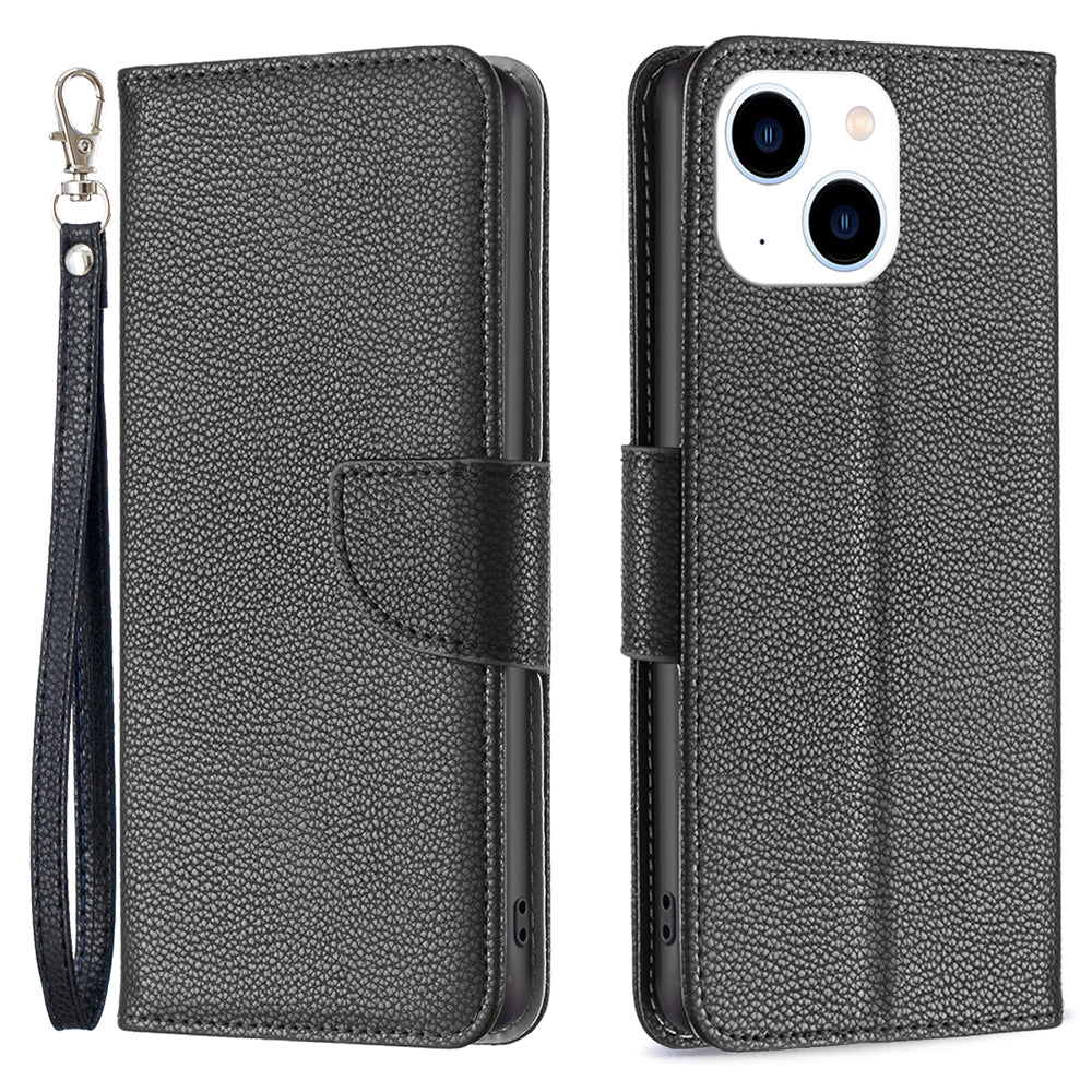 Uniqkart for iPhone 15 Phone Flip Stand Case Wallet PU Leather Litchi Texture Cell Phone Cover with Strap - Black
