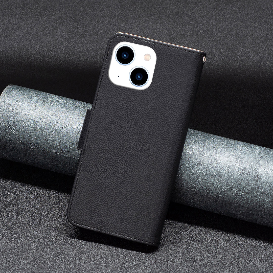 Uniqkart for iPhone 15 Phone Flip Stand Case Wallet PU Leather Litchi Texture Cell Phone Cover with Strap - Black