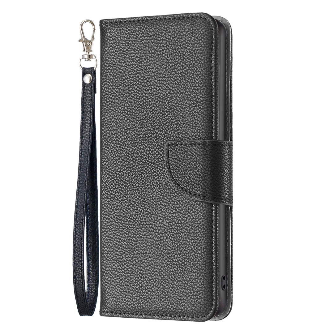 Uniqkart for iPhone 15 Phone Flip Stand Case Wallet PU Leather Litchi Texture Cell Phone Cover with Strap - Black