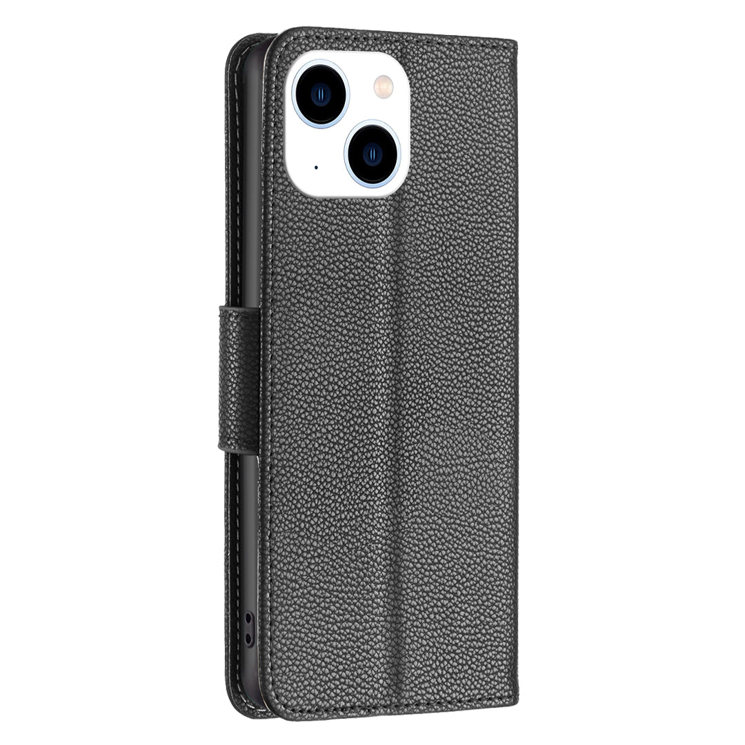 Uniqkart for iPhone 15 Phone Flip Stand Case Wallet PU Leather Litchi Texture Cell Phone Cover with Strap - Black