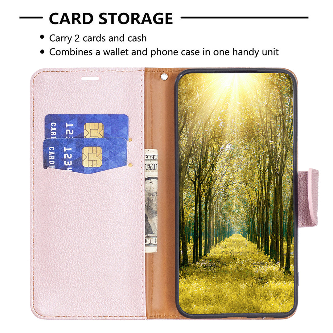 Uniqkart for iPhone 15 Phone Flip Stand Case Wallet PU Leather Litchi Texture Cell Phone Cover with Strap - Rose Gold