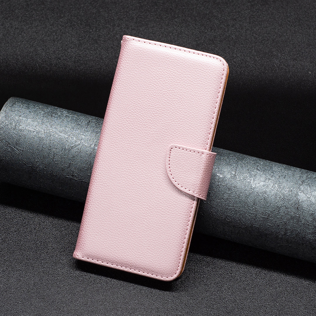 Uniqkart for iPhone 15 Phone Flip Stand Case Wallet PU Leather Litchi Texture Cell Phone Cover with Strap - Rose Gold