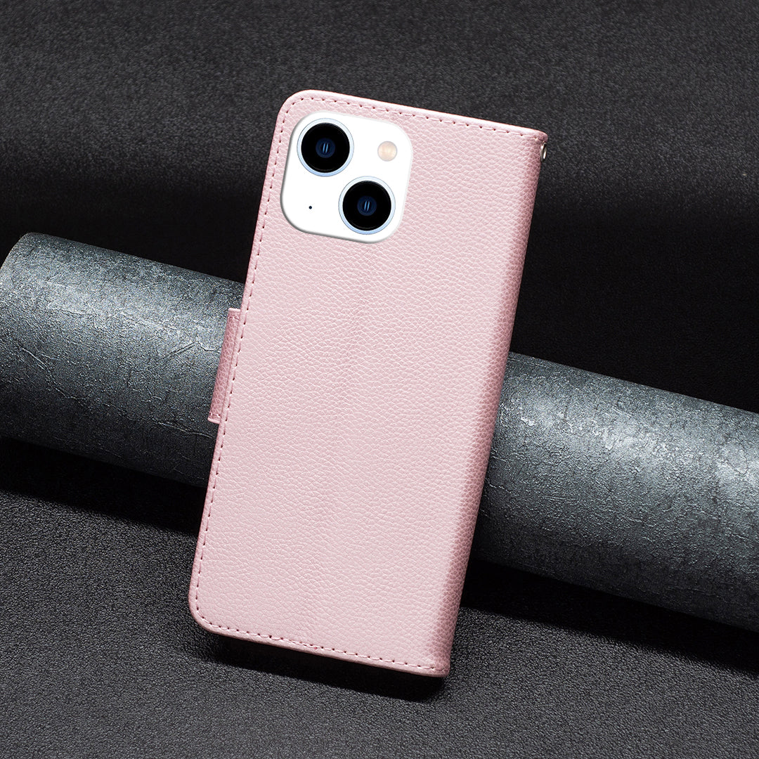 Uniqkart for iPhone 15 Phone Flip Stand Case Wallet PU Leather Litchi Texture Cell Phone Cover with Strap - Rose Gold