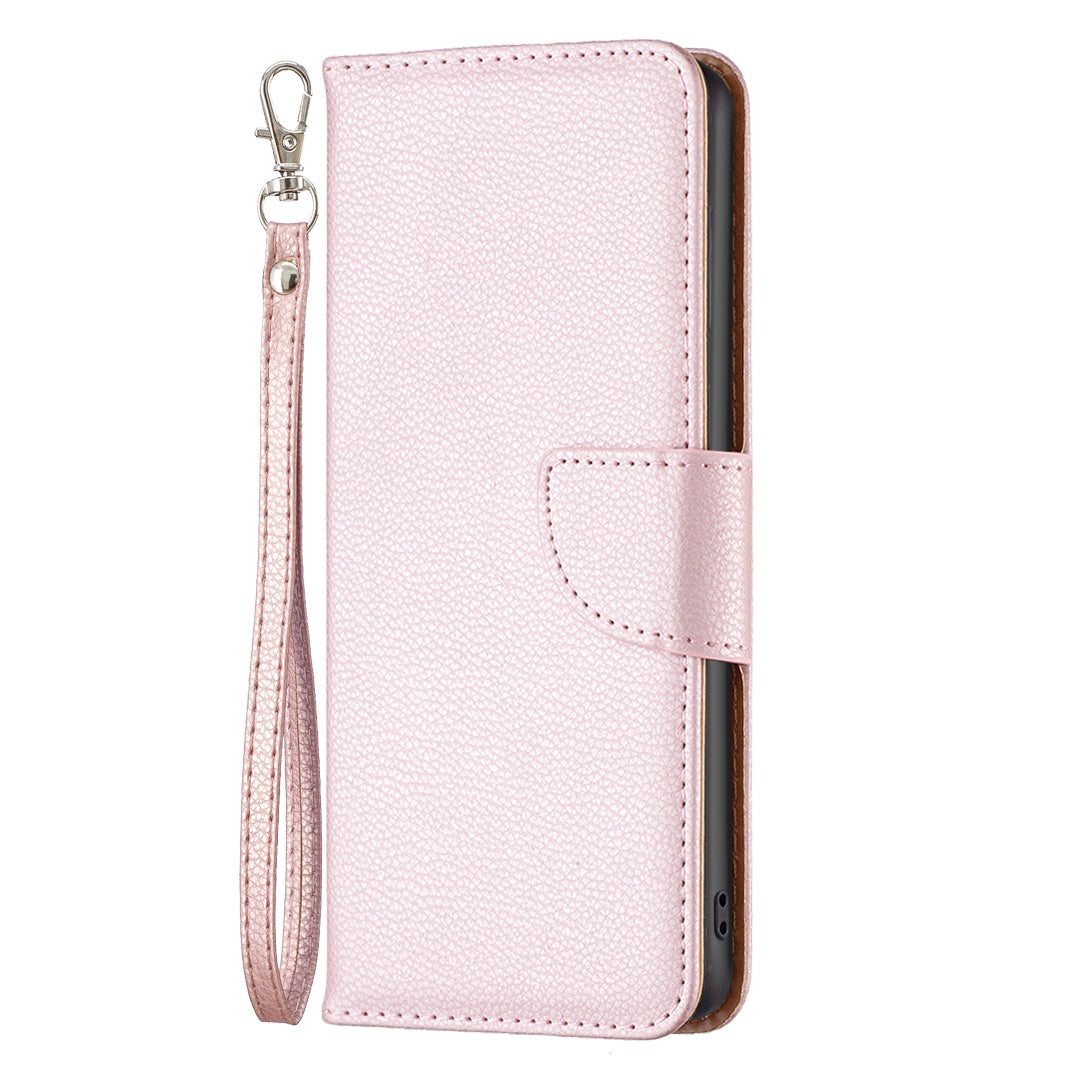 Uniqkart for iPhone 15 Phone Flip Stand Case Wallet PU Leather Litchi Texture Cell Phone Cover with Strap - Rose Gold