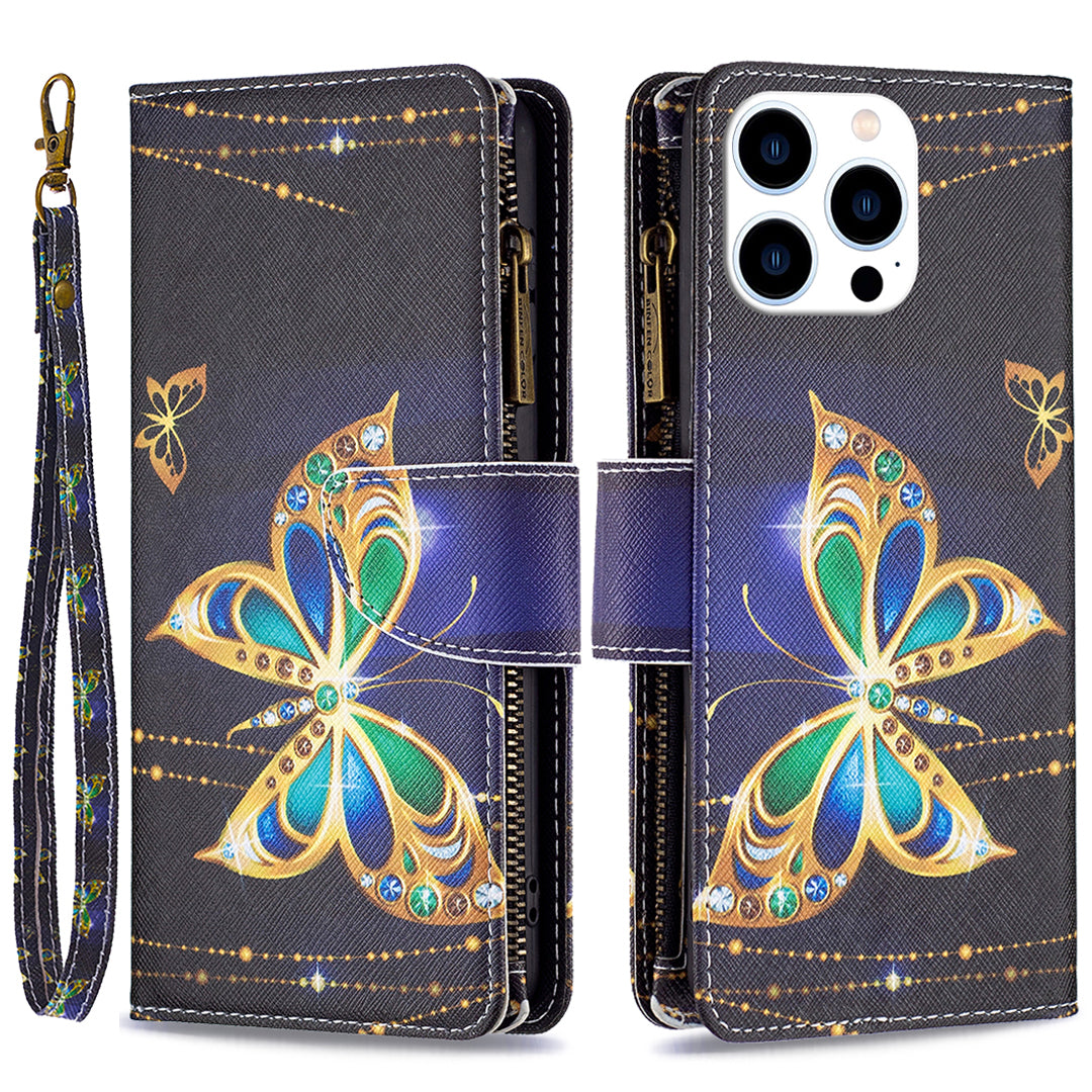 BF03 Zipper Pocket Leather Case for iPhone 15 Pro , Pattern Printing Stand Wallet Phone Cover - Rhinestone Butterfly