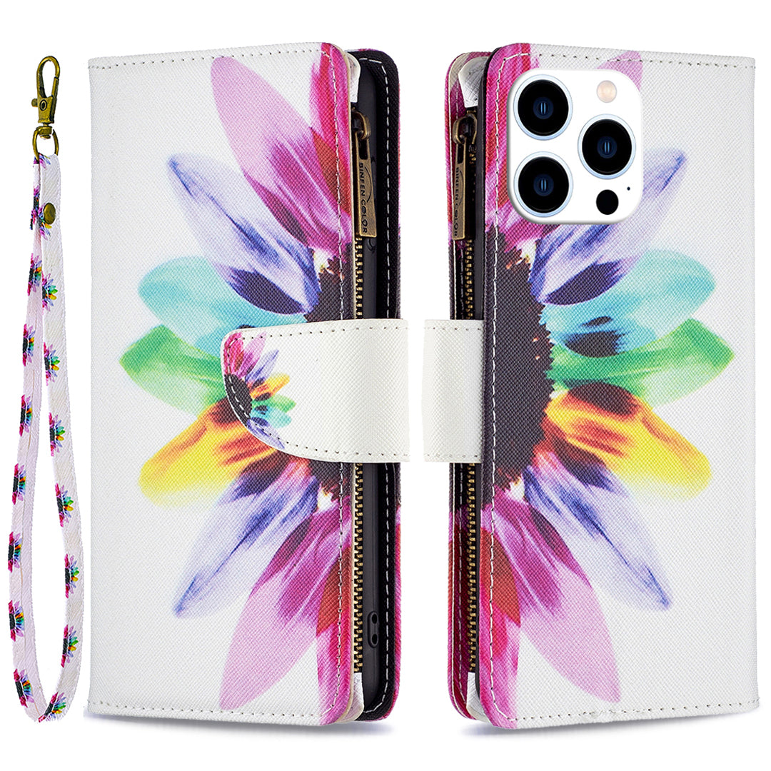 BF03 Zipper Pocket Leather Case for iPhone 15 Pro , Pattern Printing Stand Wallet Phone Cover - Sunflower