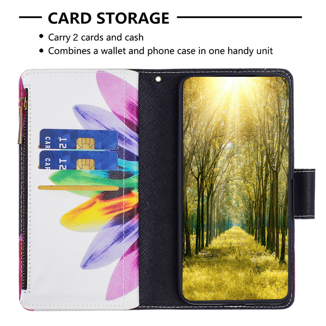 BF03 Zipper Pocket Leather Case for iPhone 15 Pro , Pattern Printing Stand Wallet Phone Cover - Sunflower