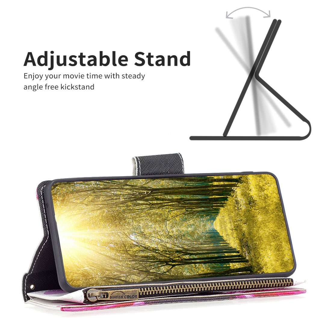 BF03 Zipper Pocket Leather Case for iPhone 15 Pro , Pattern Printing Stand Wallet Phone Cover - Sunflower