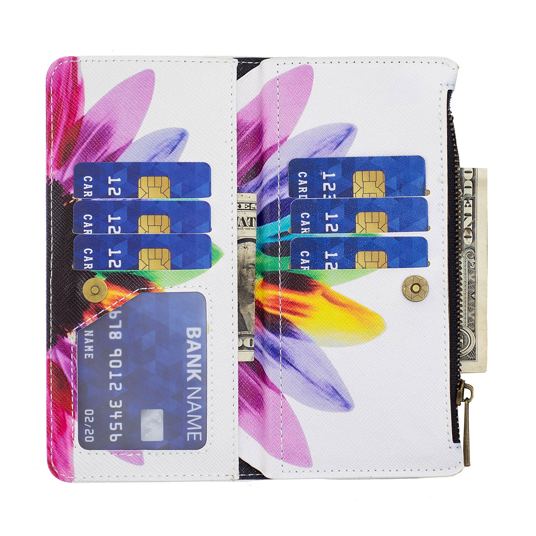 BF03 Zipper Pocket Leather Case for iPhone 15 Pro , Pattern Printing Stand Wallet Phone Cover - Sunflower