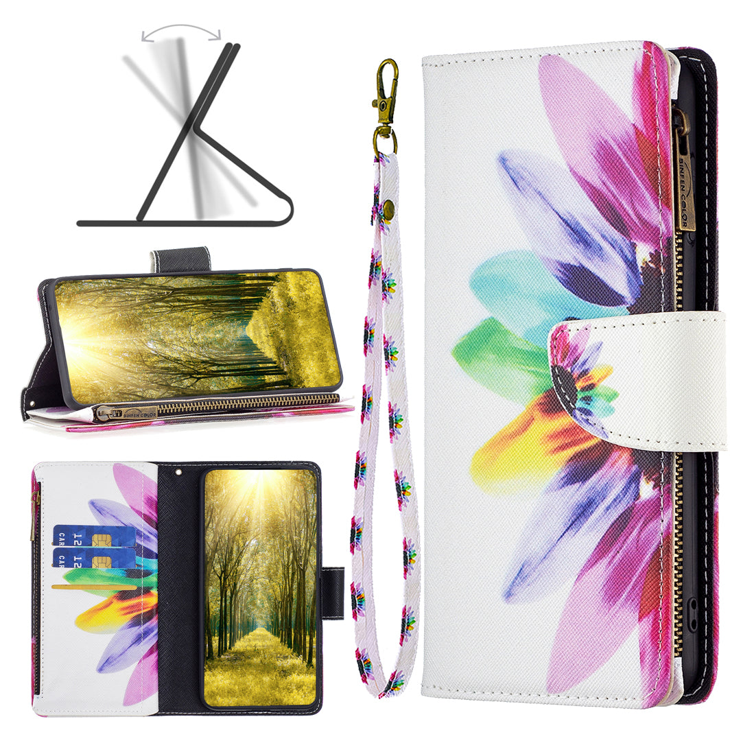 BF03 Zipper Pocket Leather Case for iPhone 15 Pro , Pattern Printing Stand Wallet Phone Cover - Sunflower