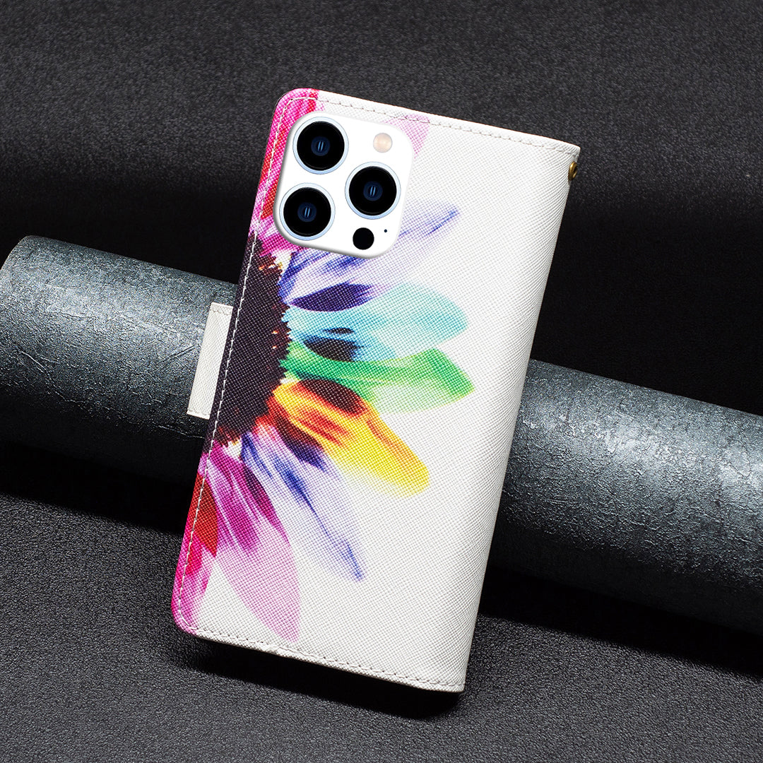 BF03 Zipper Pocket Leather Case for iPhone 15 Pro , Pattern Printing Stand Wallet Phone Cover - Sunflower