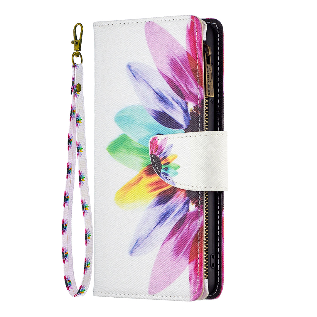 BF03 Zipper Pocket Leather Case for iPhone 15 Pro , Pattern Printing Stand Wallet Phone Cover - Sunflower