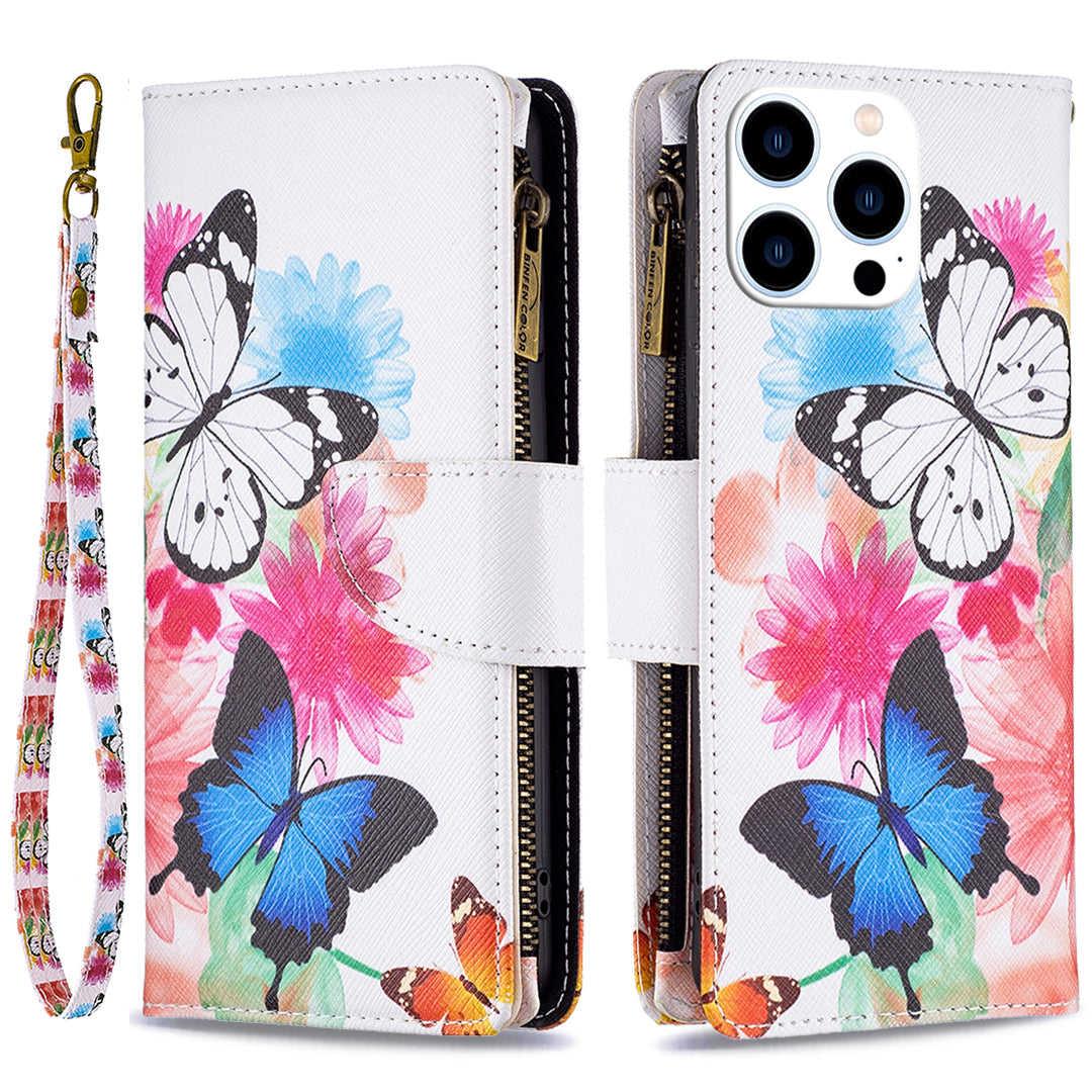 BF03 Zipper Pocket Leather Case for iPhone 15 Pro , Pattern Printing Stand Wallet Phone Cover - Two Butterflies