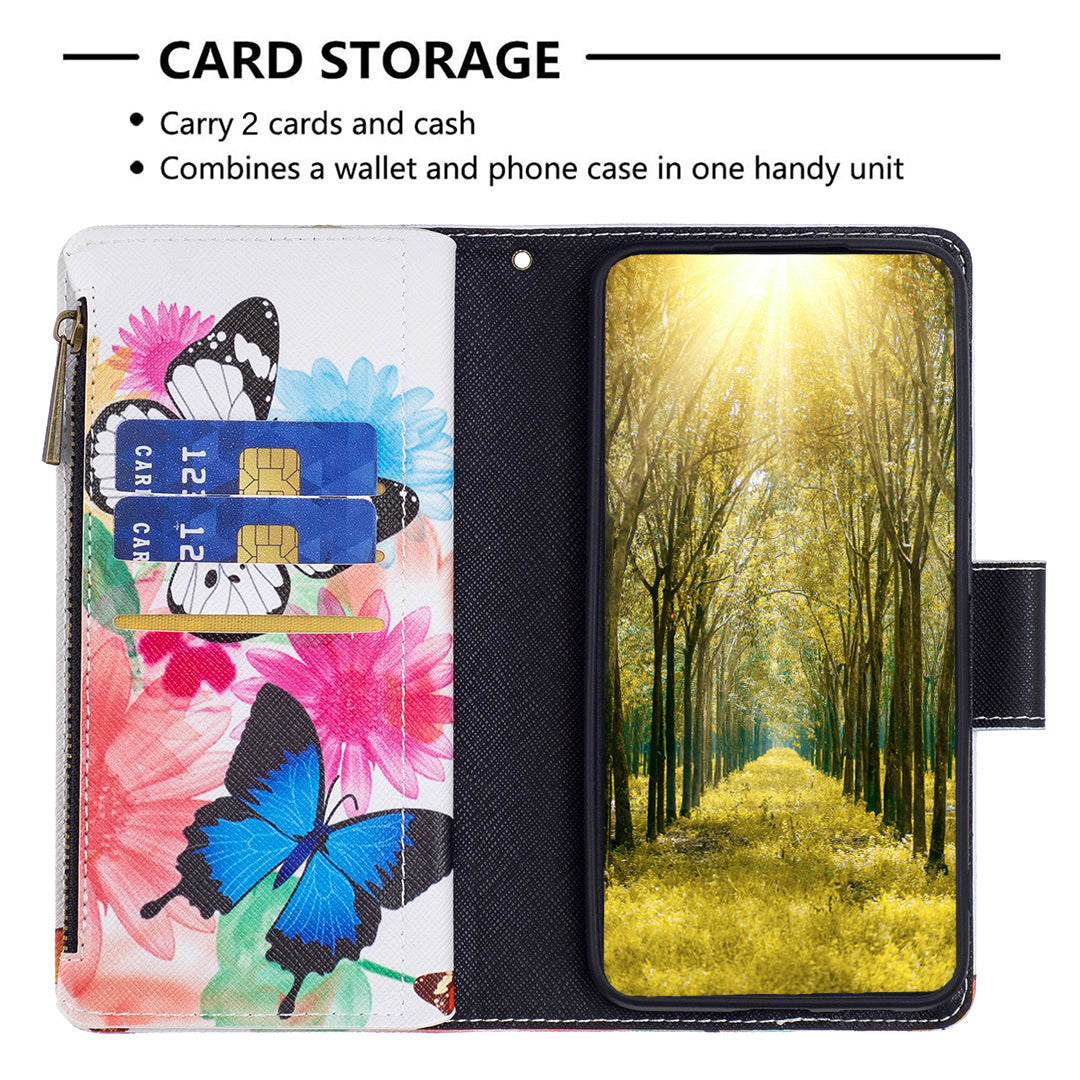 BF03 Zipper Pocket Leather Case for iPhone 15 Pro , Pattern Printing Stand Wallet Phone Cover - Two Butterflies