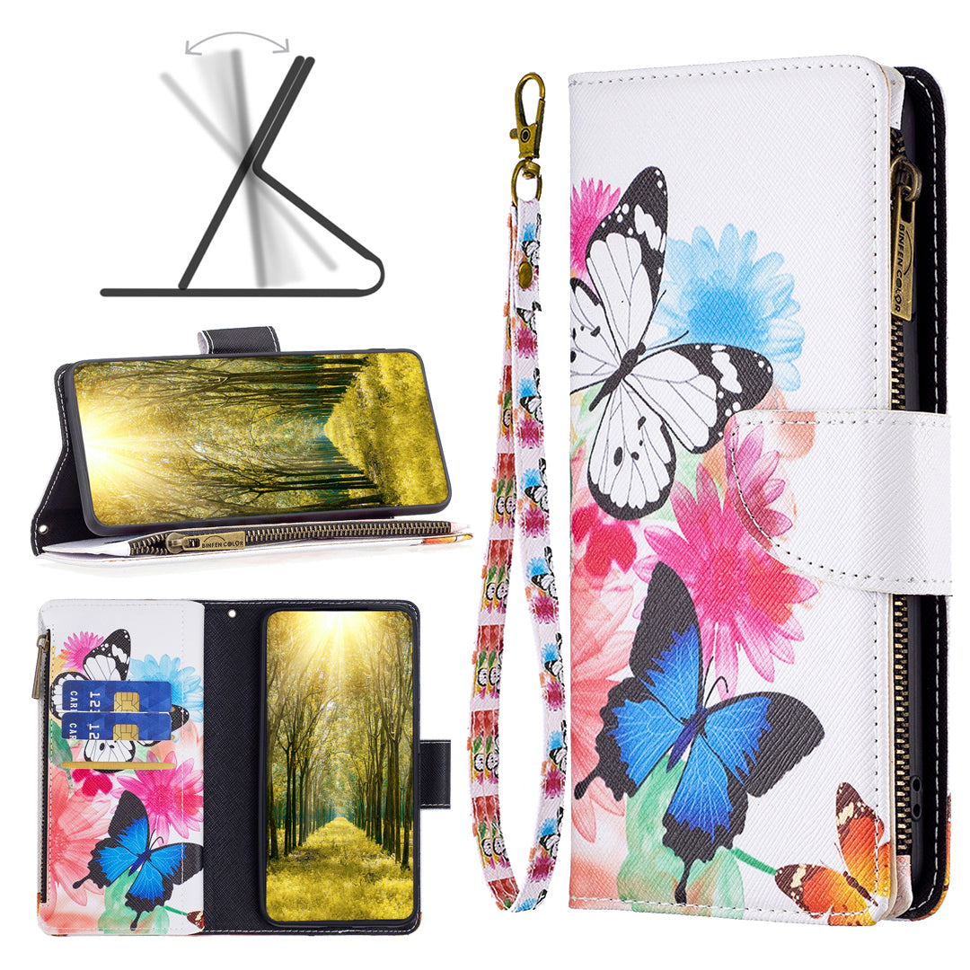 BF03 Zipper Pocket Leather Case for iPhone 15 Pro , Pattern Printing Stand Wallet Phone Cover - Two Butterflies