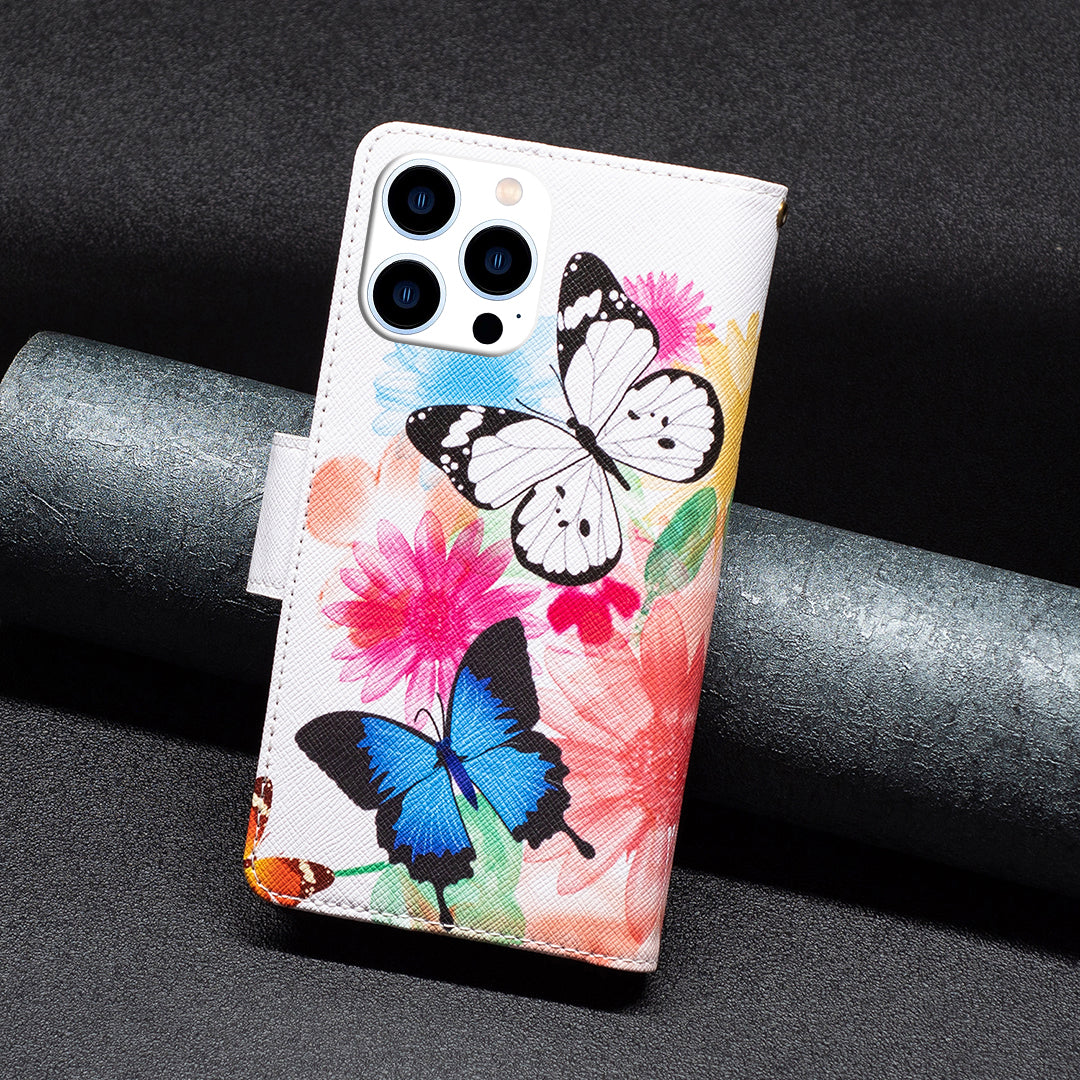 BF03 Zipper Pocket Leather Case for iPhone 15 Pro , Pattern Printing Stand Wallet Phone Cover - Two Butterflies