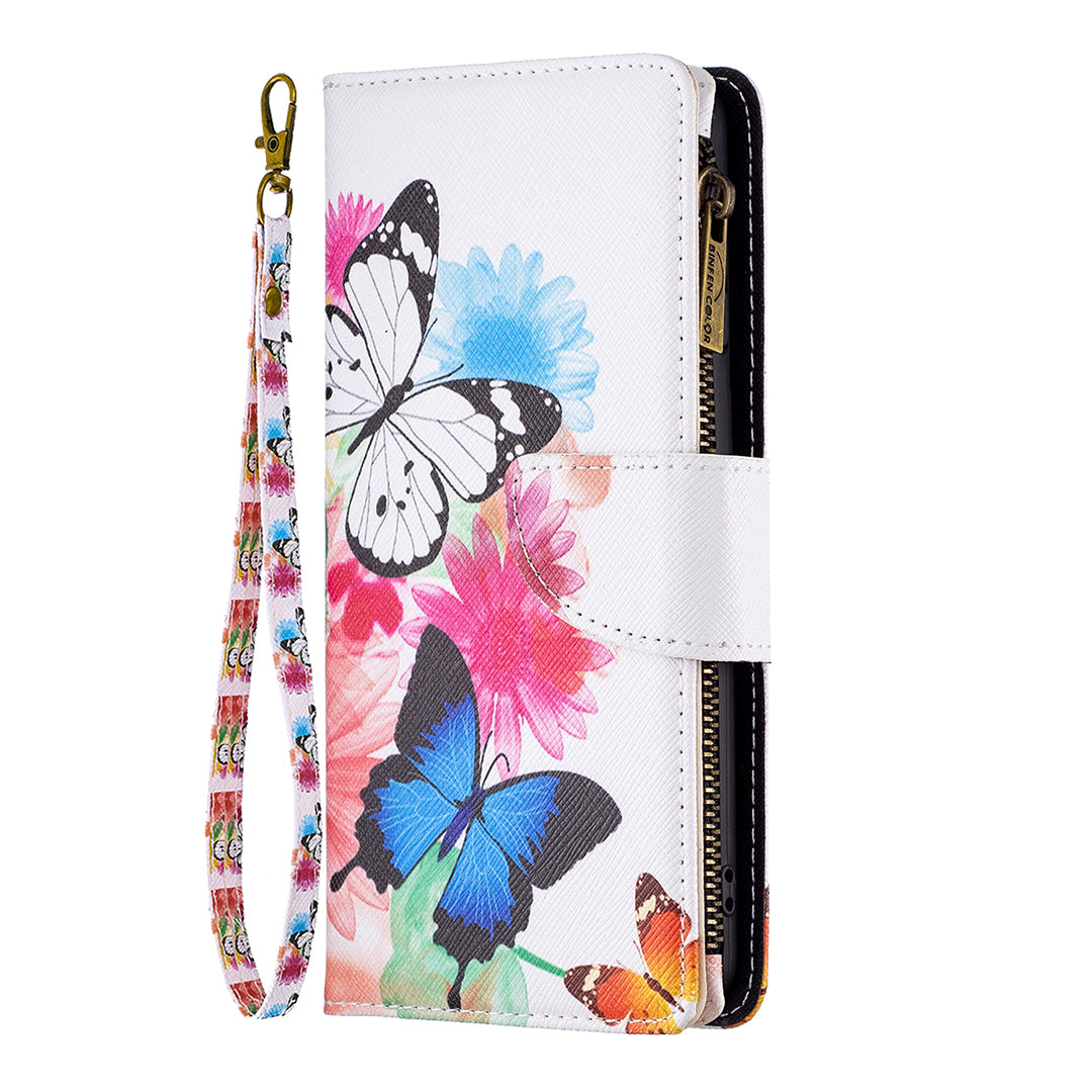 BF03 Zipper Pocket Leather Case for iPhone 15 Pro , Pattern Printing Stand Wallet Phone Cover - Two Butterflies