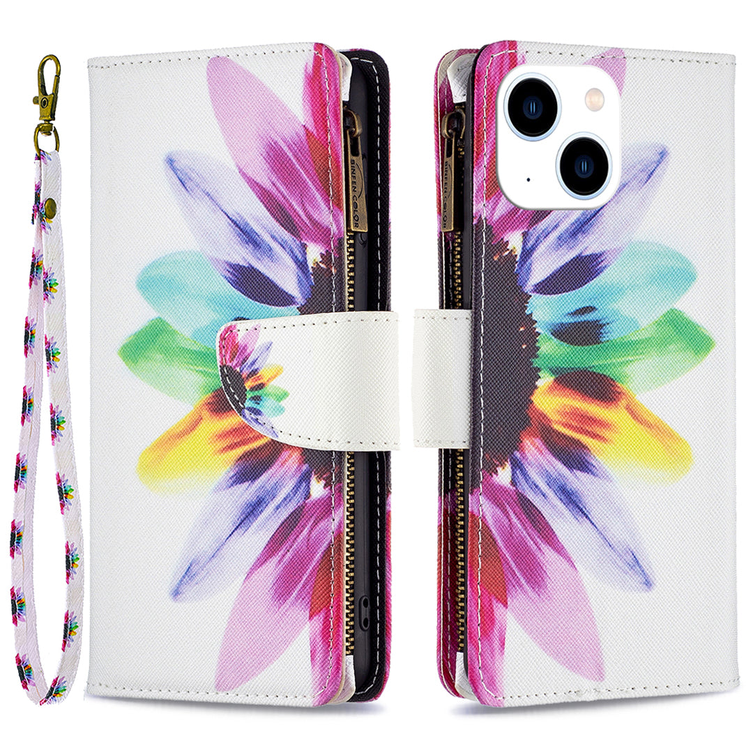 BF03 PU Leather Zipper Pocket Phone Case for iPhone 15 , Pattern Printing Stand Wallet Cover - Sunflower
