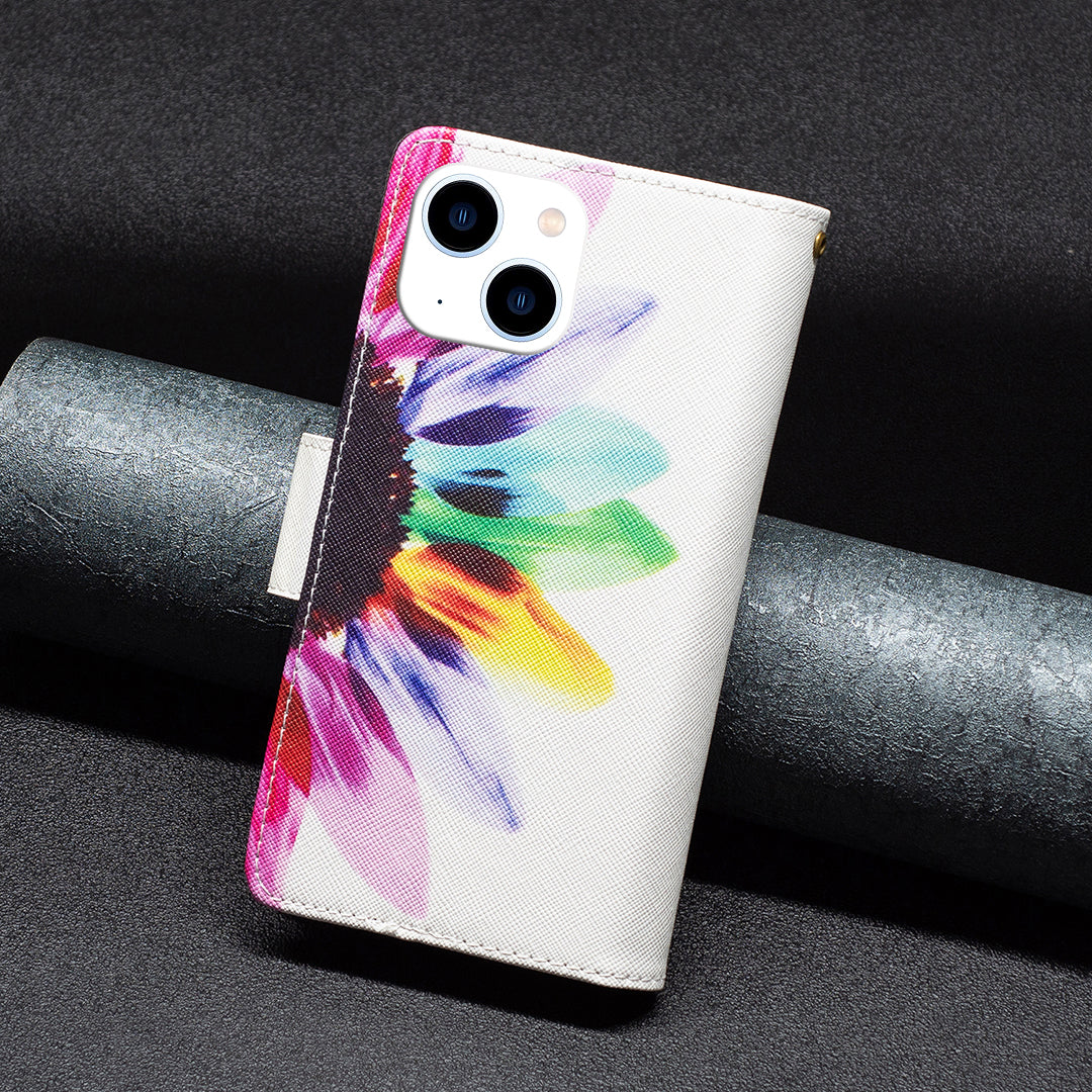 BF03 PU Leather Zipper Pocket Phone Case for iPhone 15 , Pattern Printing Stand Wallet Cover - Sunflower