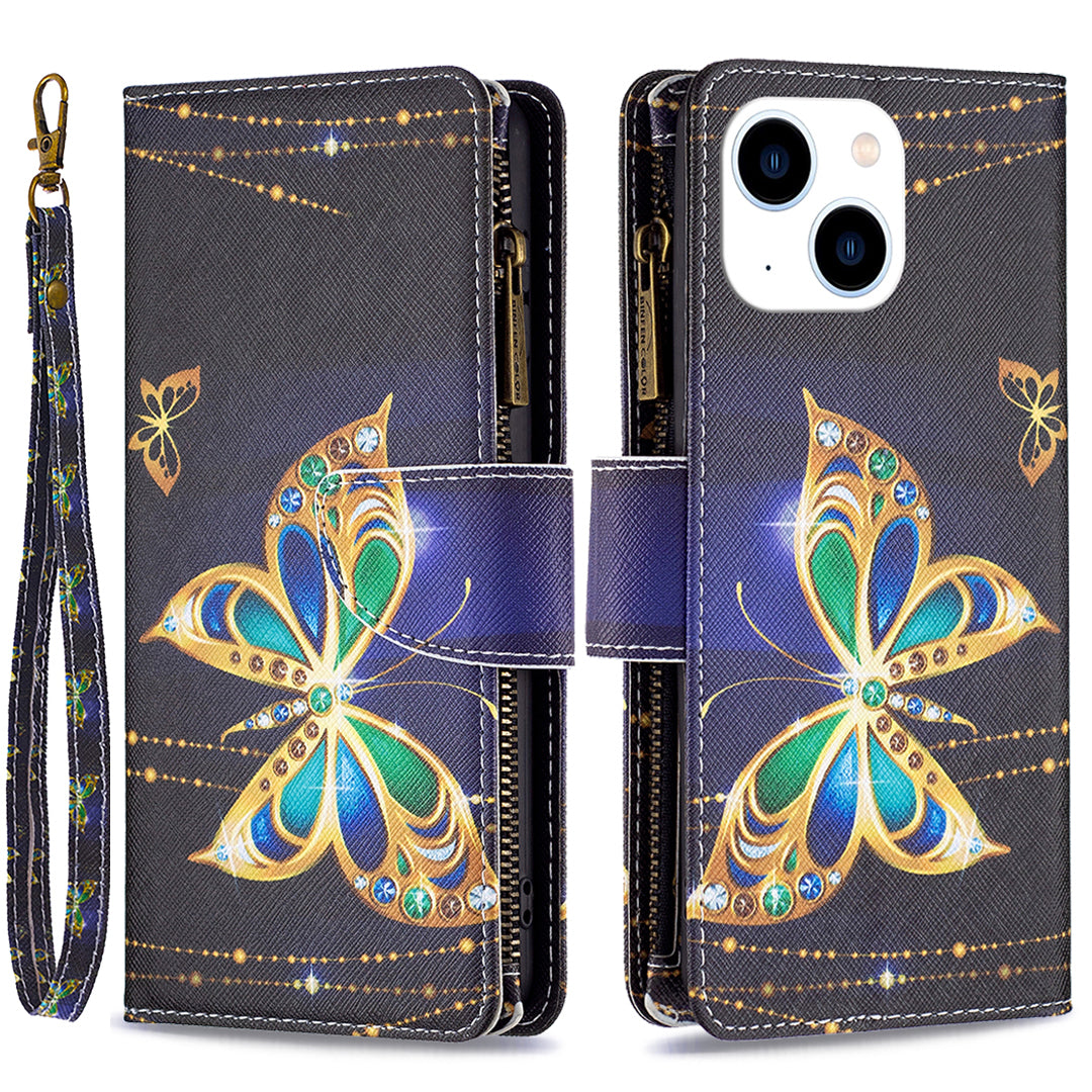 BF03 PU Leather Zipper Pocket Phone Case for iPhone 15 , Pattern Printing Stand Wallet Cover - Rhinestone Butterfly