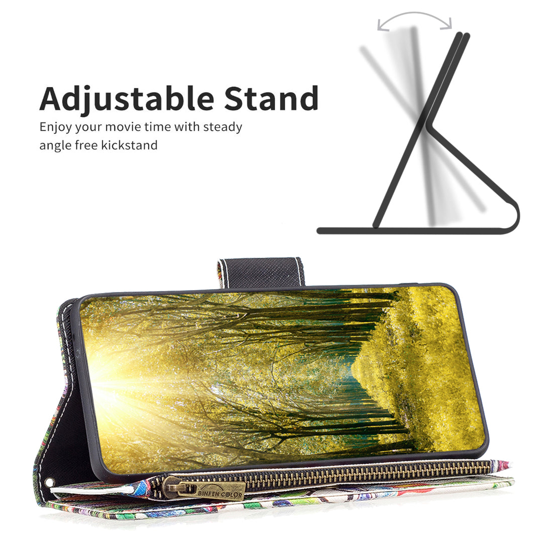BF03 Pattern Printing Zipper Pocket Case for iPhone 15 Plus , Stand Wallet PU Leather Phone Cover - Life Tree