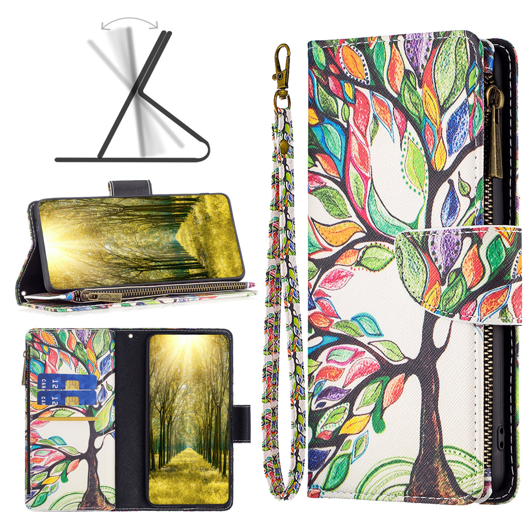 BF03 Pattern Printing Zipper Pocket Case for iPhone 15 Plus , Stand Wallet PU Leather Phone Cover - Life Tree