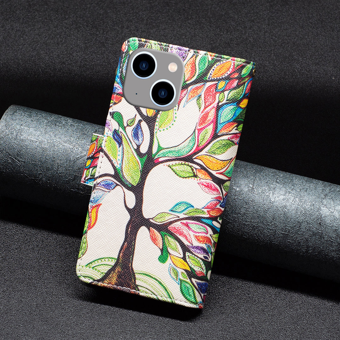BF03 Pattern Printing Zipper Pocket Case for iPhone 15 Plus , Stand Wallet PU Leather Phone Cover - Life Tree