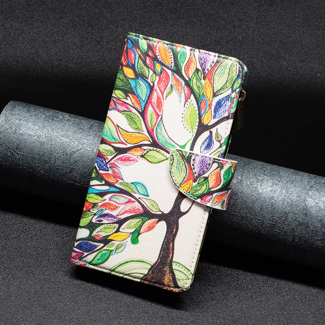 BF03 Pattern Printing Zipper Pocket Case for iPhone 15 Plus , Stand Wallet PU Leather Phone Cover - Life Tree