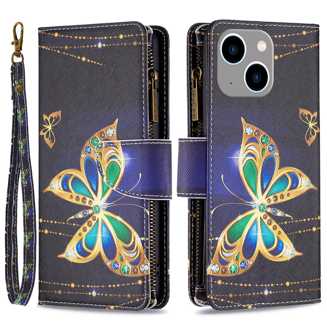 BF03 Pattern Printing Zipper Pocket Case for iPhone 15 Plus , Stand Wallet PU Leather Phone Cover - Rhinestone Butterfly