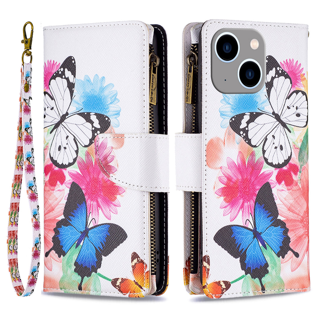 BF03 Pattern Printing Zipper Pocket Case for iPhone 15 Plus , Stand Wallet PU Leather Phone Cover - Two Butterflies
