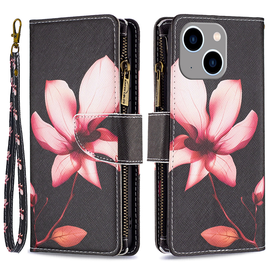 BF03 Pattern Printing Zipper Pocket Case for iPhone 15 Plus , Stand Wallet PU Leather Phone Cover - Pink Flower