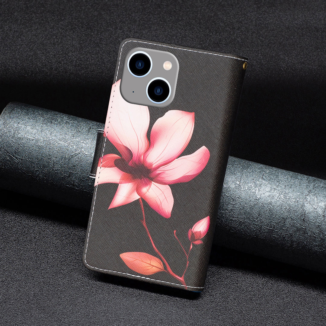 BF03 Pattern Printing Zipper Pocket Case for iPhone 15 Plus , Stand Wallet PU Leather Phone Cover - Pink Flower