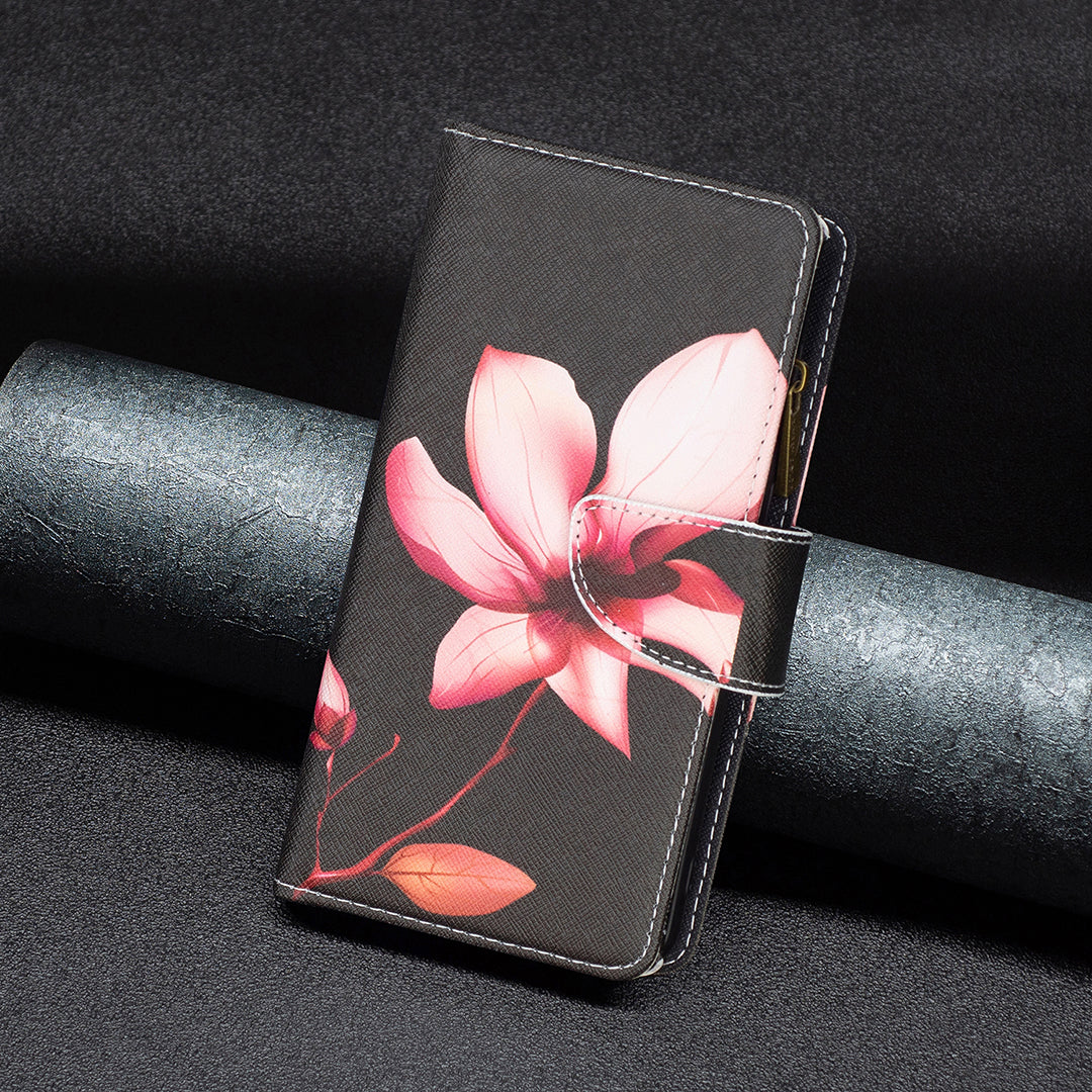 BF03 Pattern Printing Zipper Pocket Case for iPhone 15 Plus , Stand Wallet PU Leather Phone Cover - Pink Flower