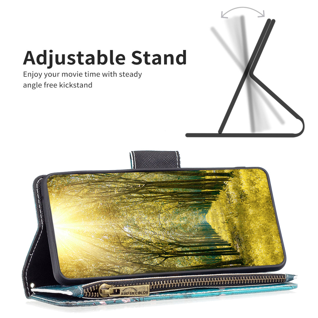 BF03 Zipper Pocket Phone Cover for iPhone 15 Pro Max , Pattern Printing Stand PU Leather Wallet Case - Plum Blossom