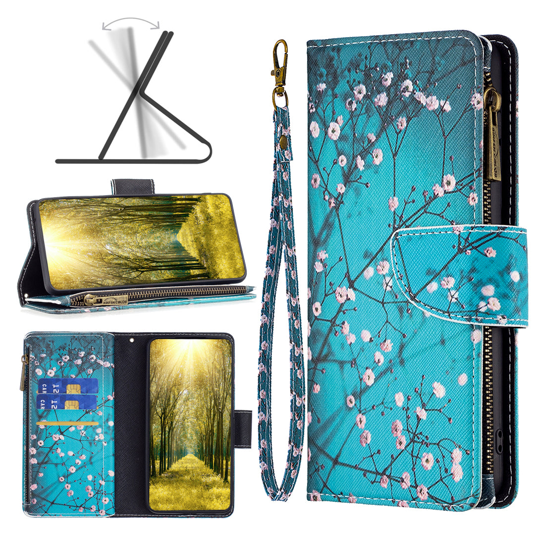 BF03 Zipper Pocket Phone Cover for iPhone 15 Pro Max , Pattern Printing Stand PU Leather Wallet Case - Plum Blossom
