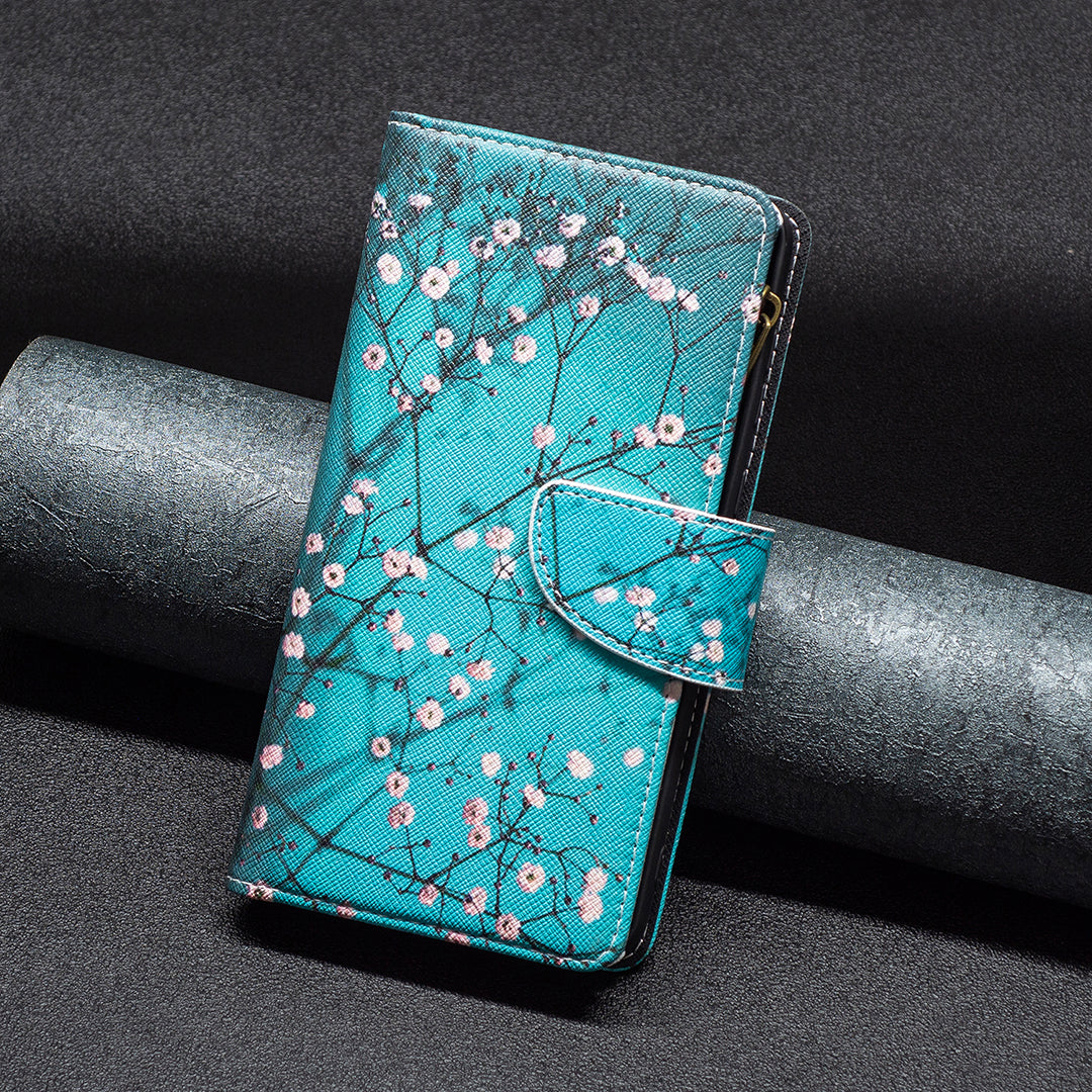 BF03 Zipper Pocket Phone Cover for iPhone 15 Pro Max , Pattern Printing Stand PU Leather Wallet Case - Plum Blossom