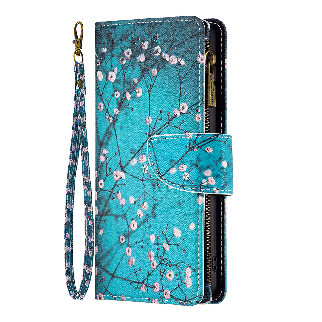 BF03 Zipper Pocket Phone Cover for iPhone 15 Pro Max , Pattern Printing Stand PU Leather Wallet Case - Plum Blossom