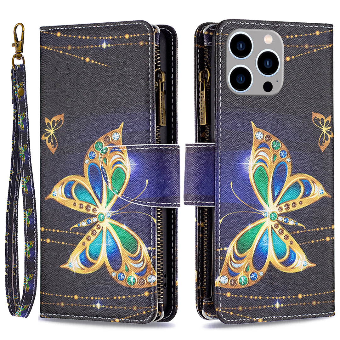 BF03 Zipper Pocket Phone Cover for iPhone 15 Pro Max , Pattern Printing Stand PU Leather Wallet Case - Rhinestone Butterfly