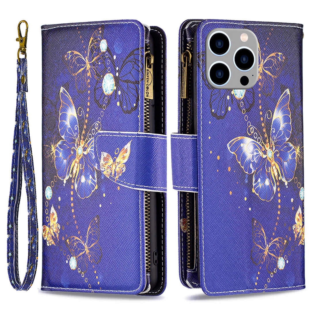 BF03 Zipper Pocket Phone Cover for iPhone 15 Pro Max , Pattern Printing Stand PU Leather Wallet Case - Purple Butterflies