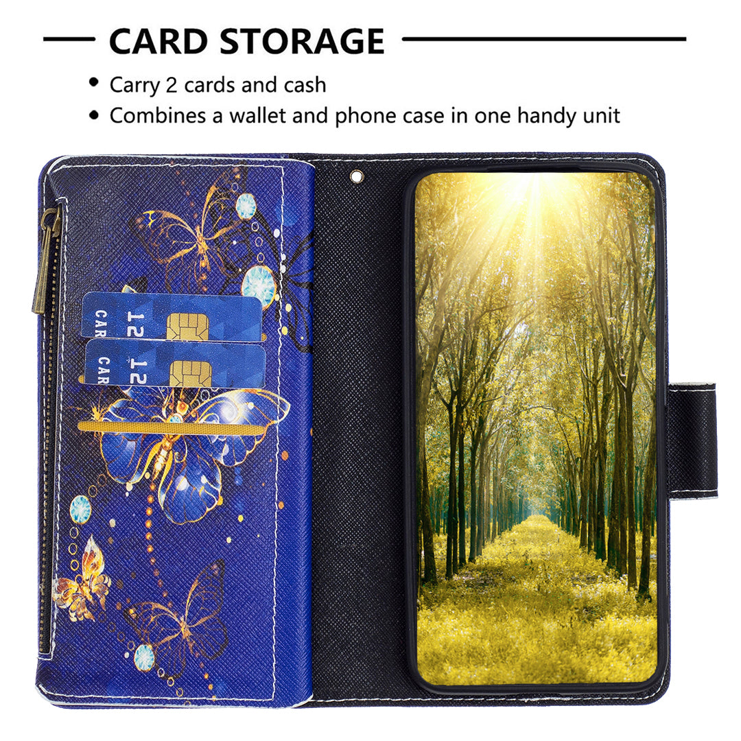 BF03 Zipper Pocket Phone Cover for iPhone 15 Pro Max , Pattern Printing Stand PU Leather Wallet Case - Purple Butterflies