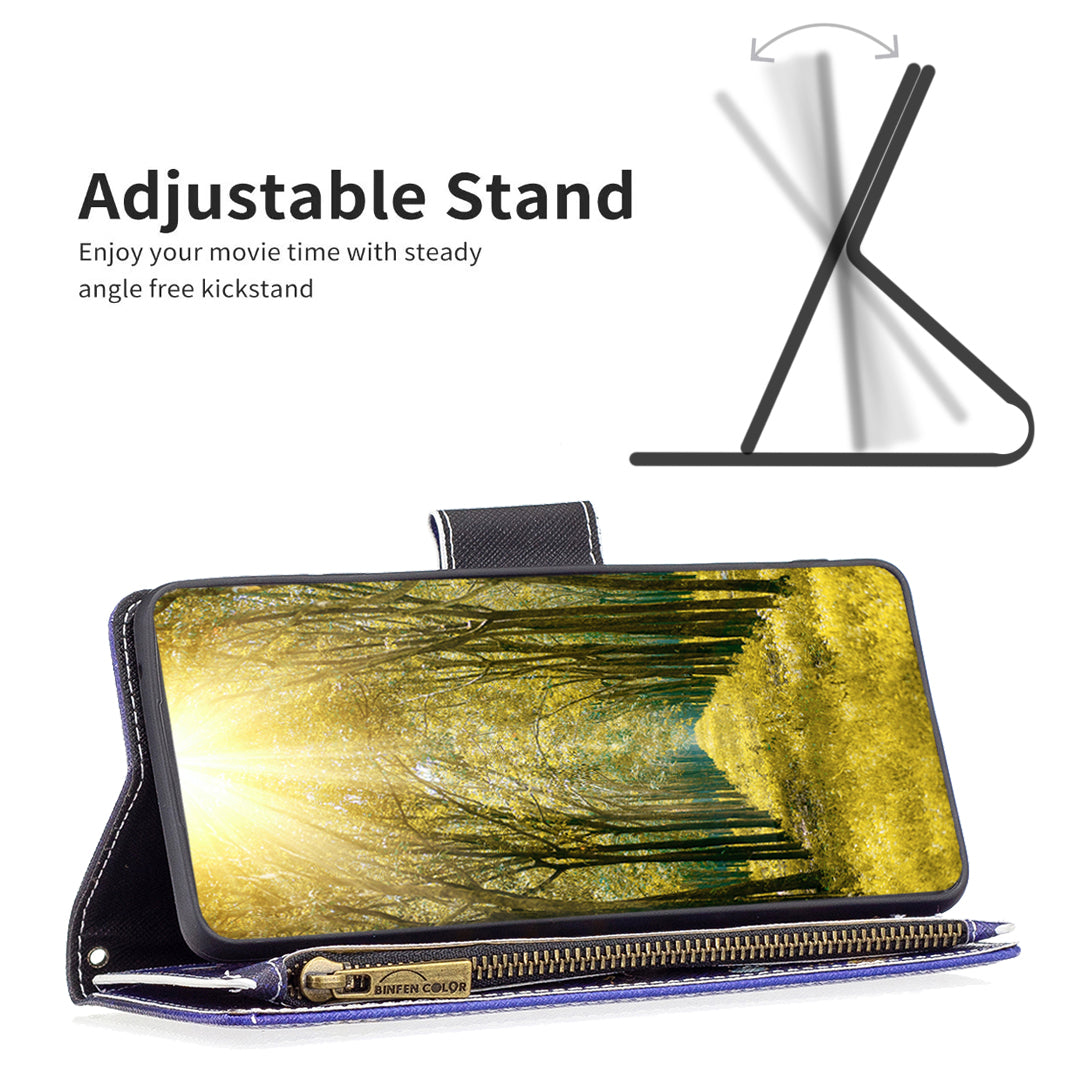BF03 Zipper Pocket Phone Cover for iPhone 15 Pro Max , Pattern Printing Stand PU Leather Wallet Case - Purple Butterflies