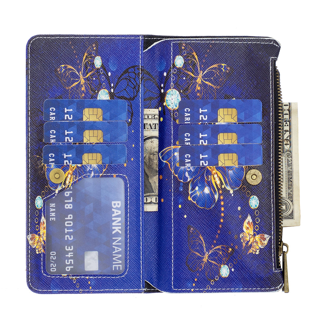 BF03 Zipper Pocket Phone Cover for iPhone 15 Pro Max , Pattern Printing Stand PU Leather Wallet Case - Purple Butterflies