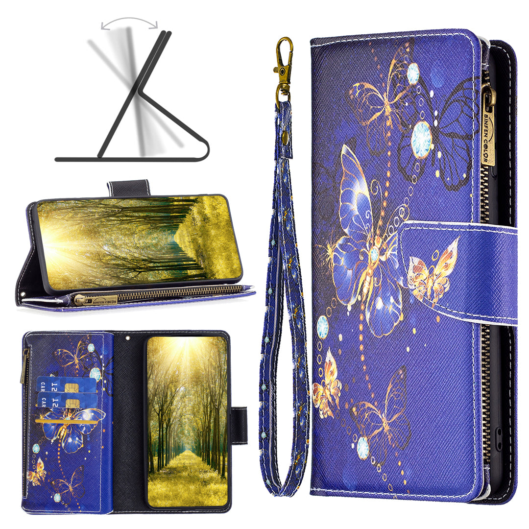 BF03 Zipper Pocket Phone Cover for iPhone 15 Pro Max , Pattern Printing Stand PU Leather Wallet Case - Purple Butterflies