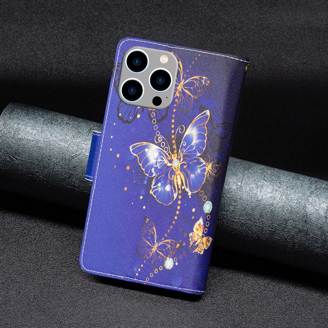 BF03 Zipper Pocket Phone Cover for iPhone 15 Pro Max , Pattern Printing Stand PU Leather Wallet Case - Purple Butterflies